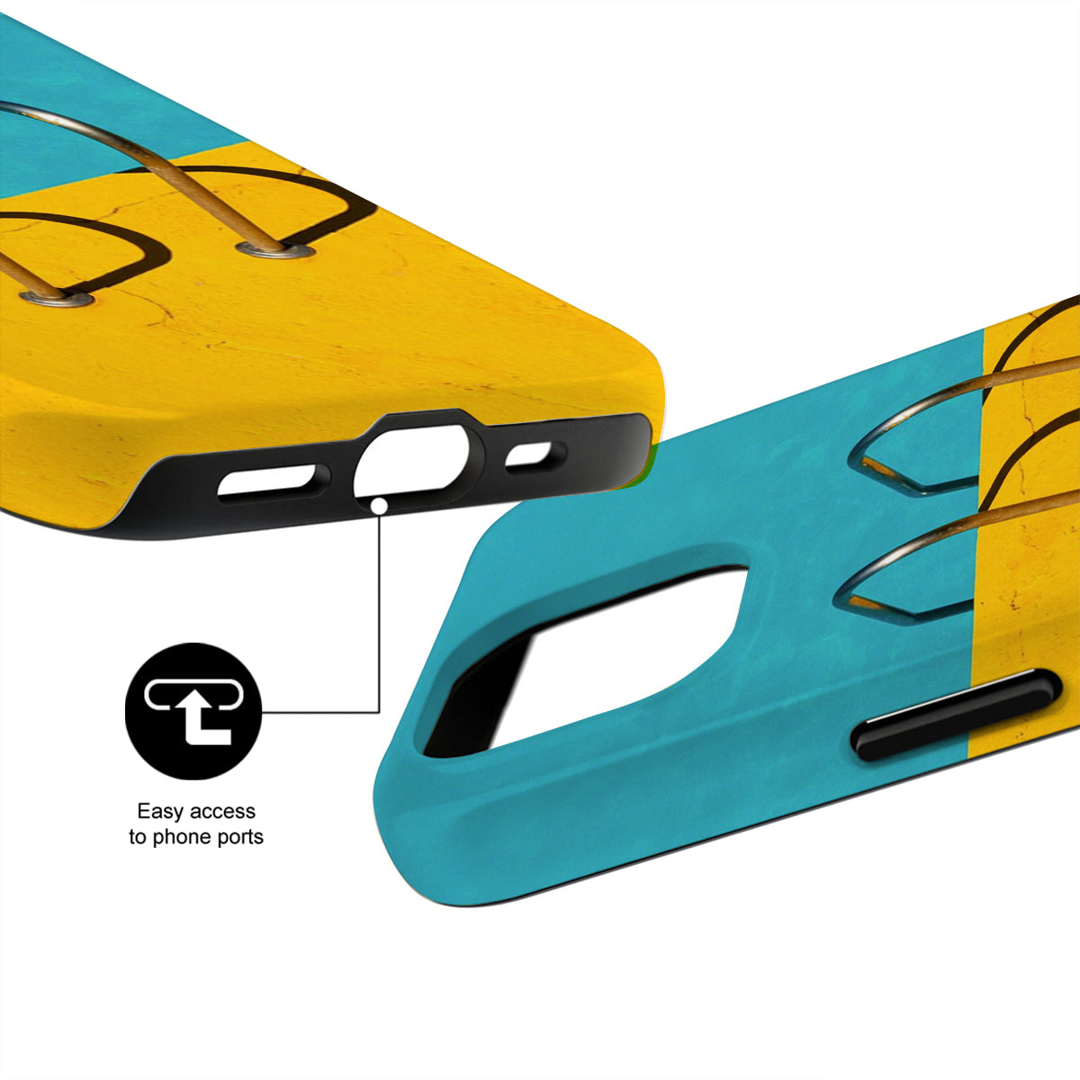 Yellow and blue phone case with text 'Easy access to phone ports' on a white background