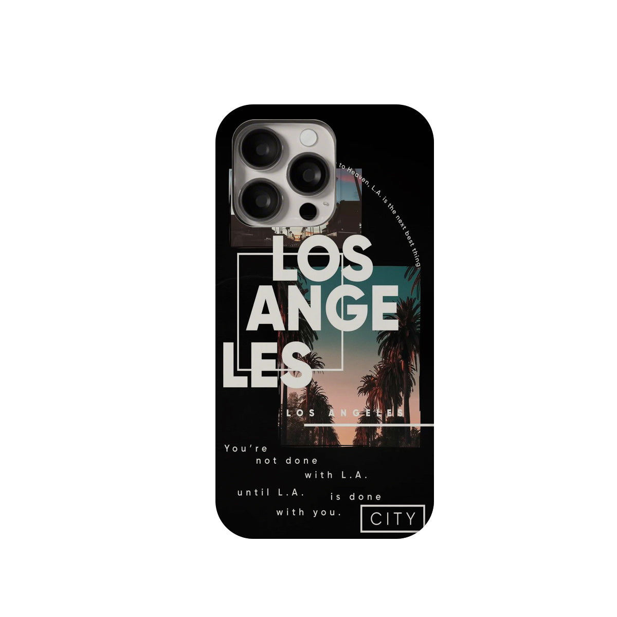 Phone case with 'Los Angeles' text and cityscape design on a black background