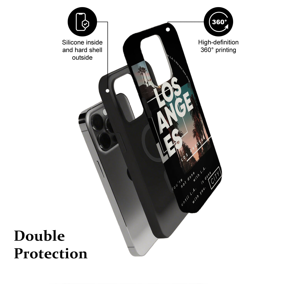 Phone case with 'Los Angeles' design and text highlighting features on a white background