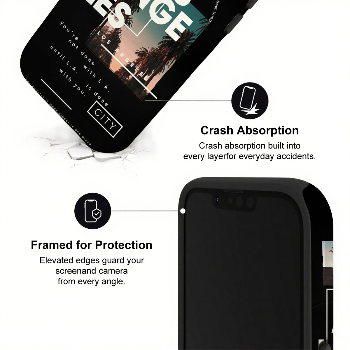 Black phone case with text highlighting crash absorption and protection features on a white background