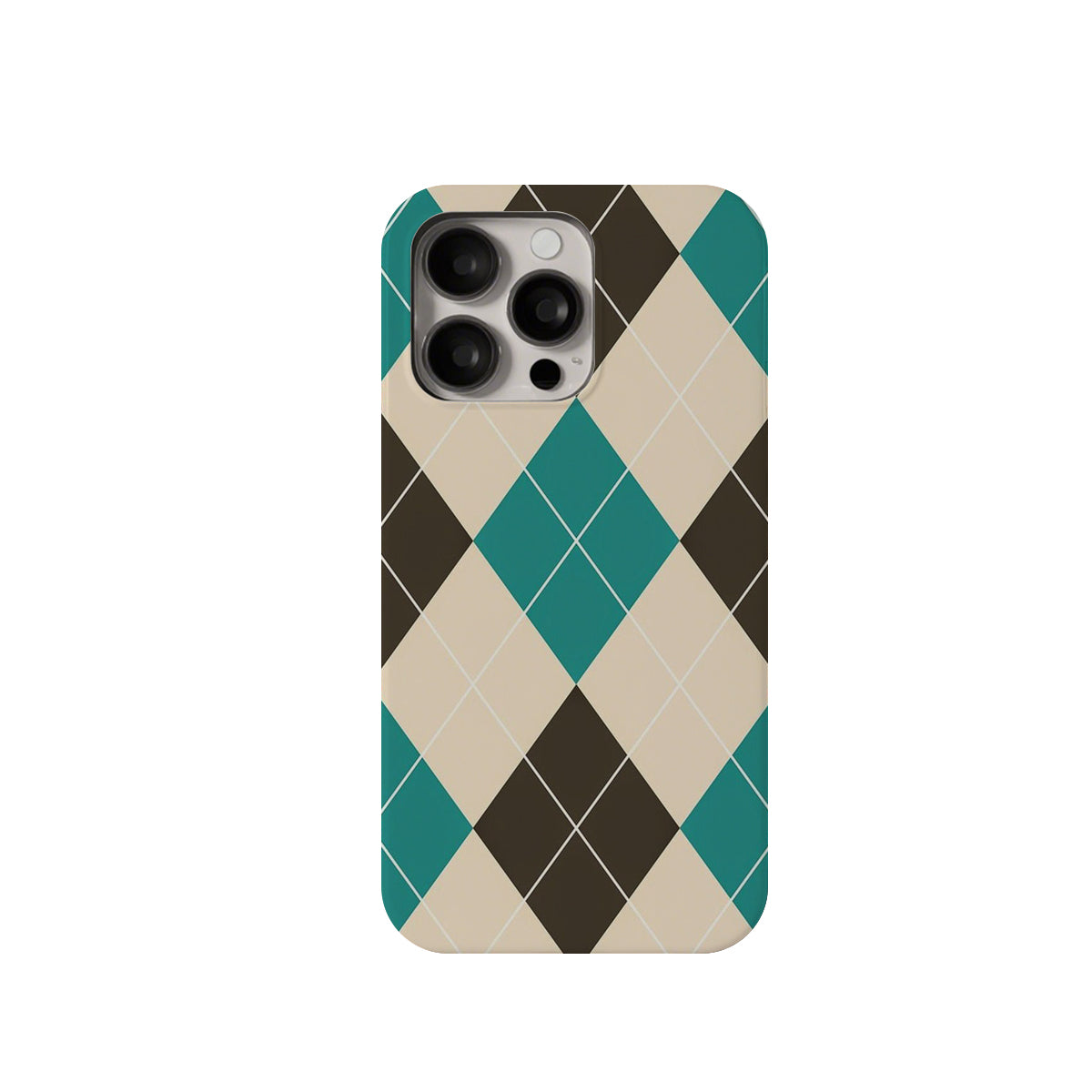 Phone case with a geometric argyle pattern on a white background