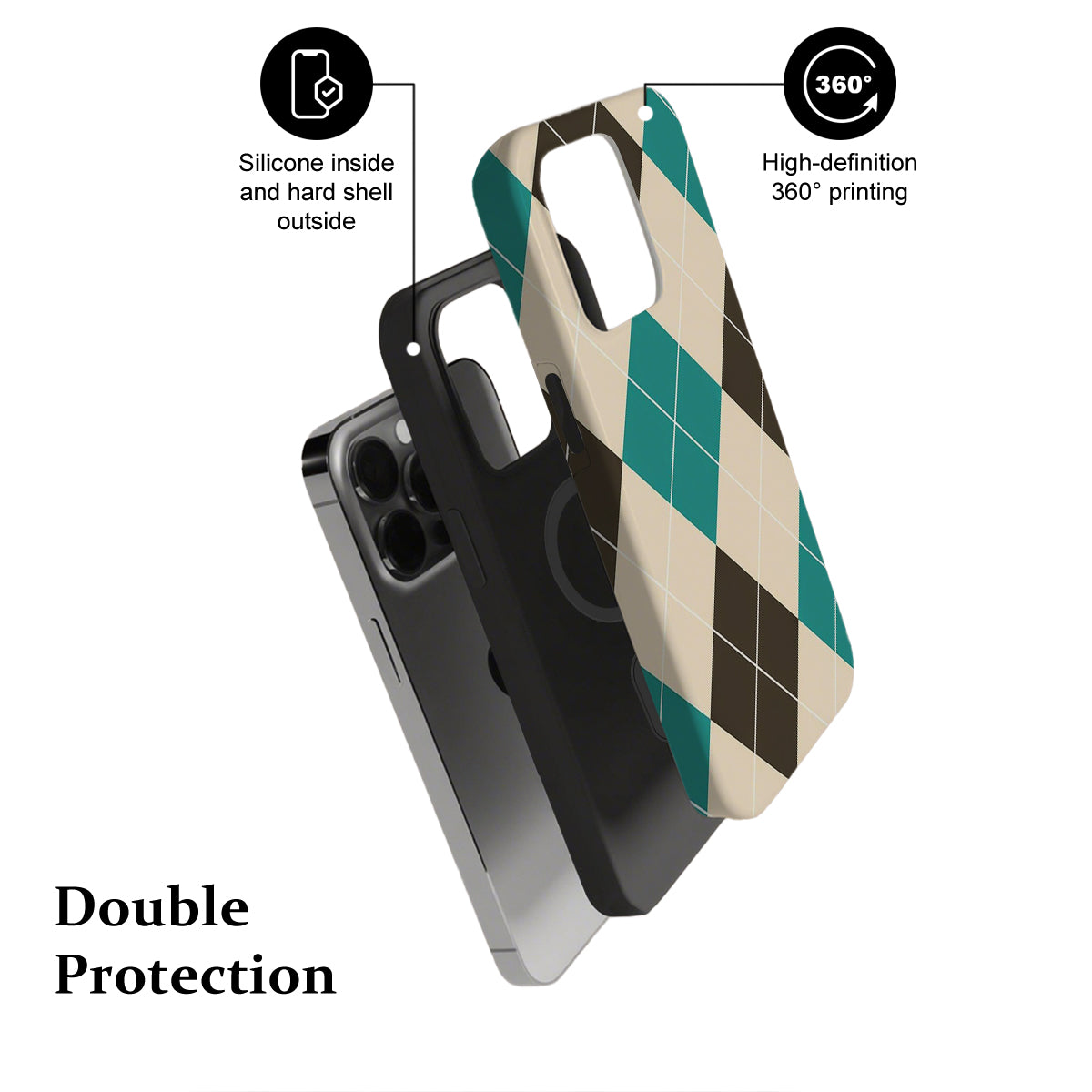 Phone case with checkered design and text highlighting features on a white background