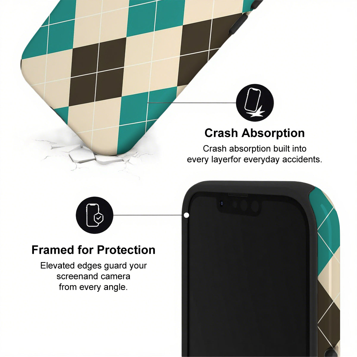 Phone case with geometric pattern and text highlighting crash absorption and protection features.