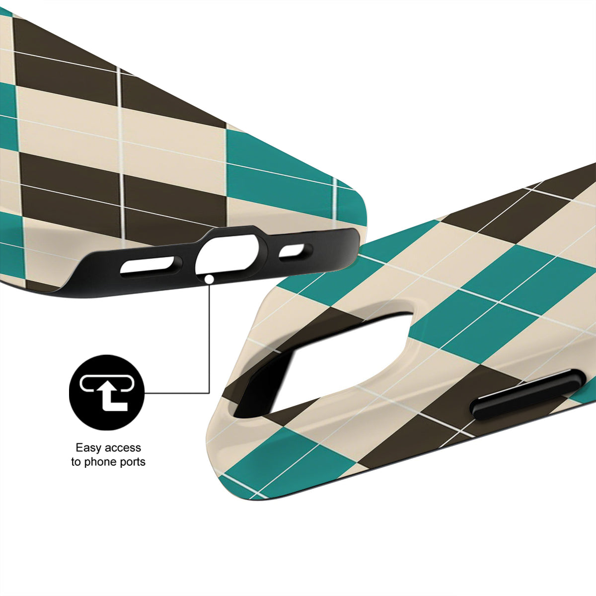 Checkered phone case with ports labeled on a white background