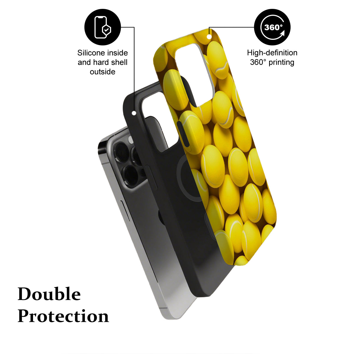 Phone case with yellow design and text highlighting features on a white background