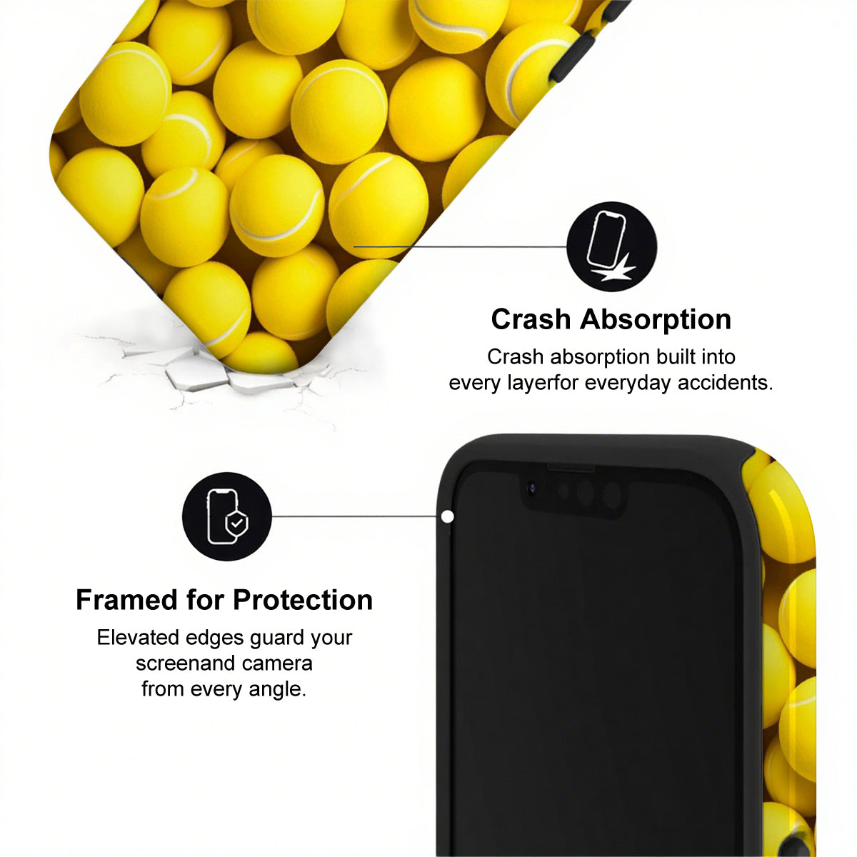 Phone case with tennis ball design and text about crash absorption and protection.
