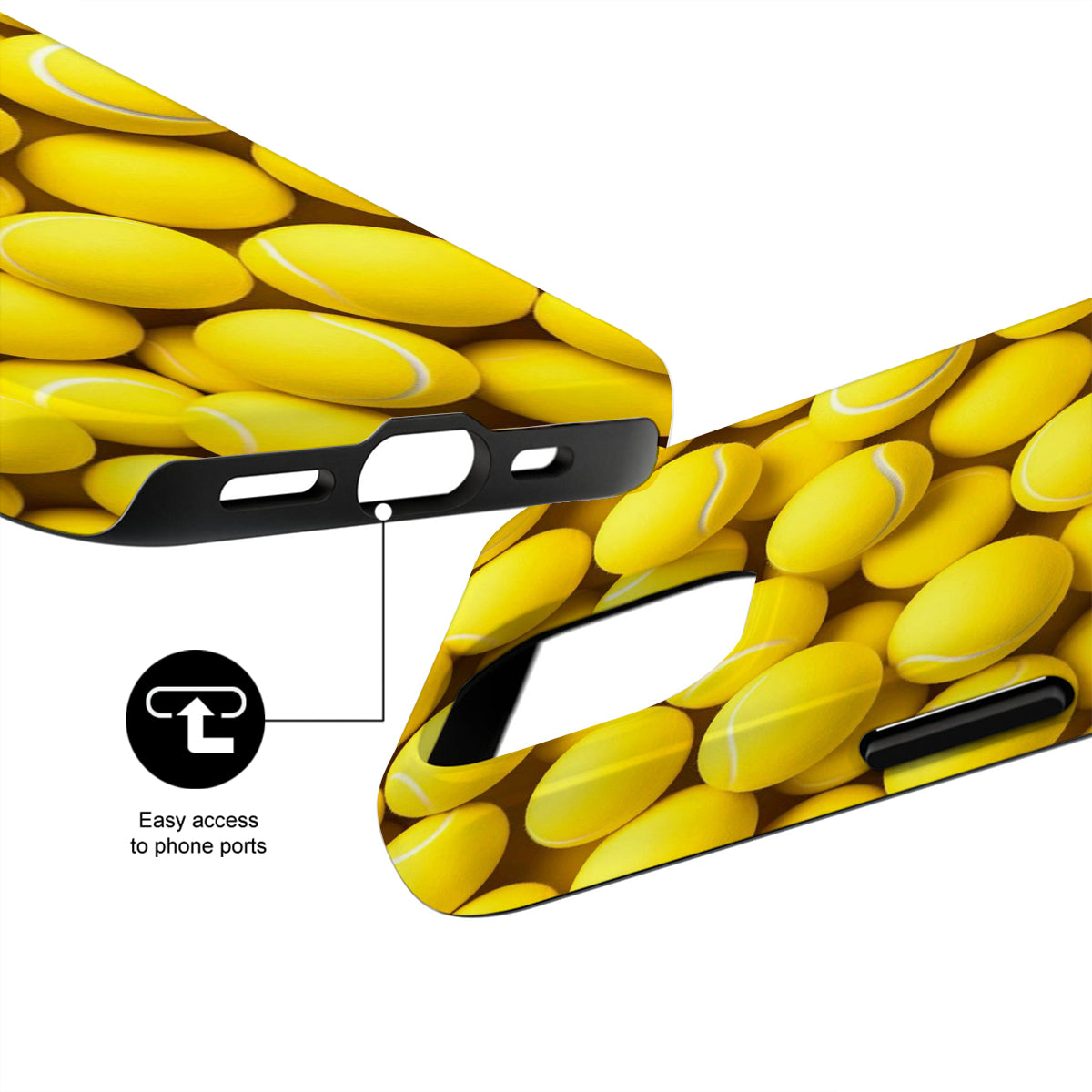 Phone case with tennis ball pattern and easy access to phone ports feature