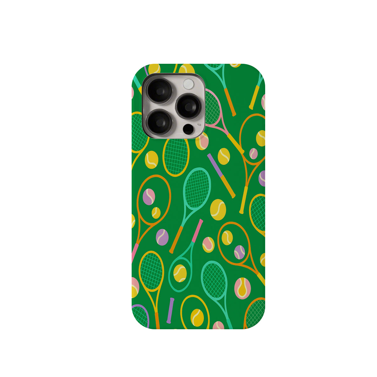 Phone case with tennis racket and ball pattern on a green background