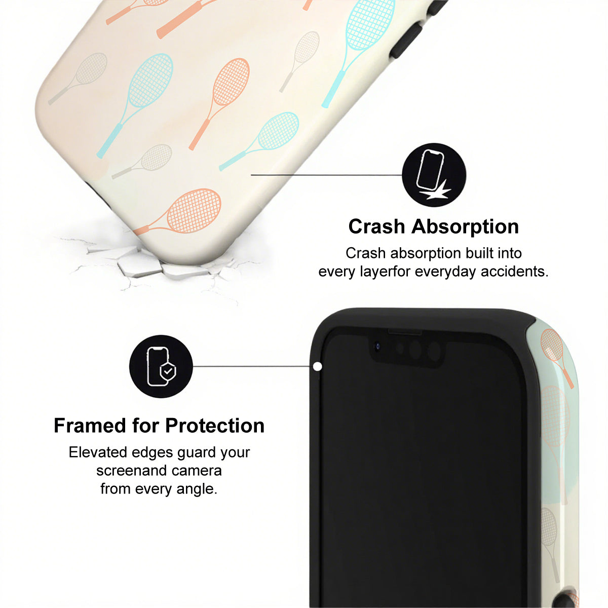 Phone case with tennis racket design and text highlighting crash absorption and protection features.