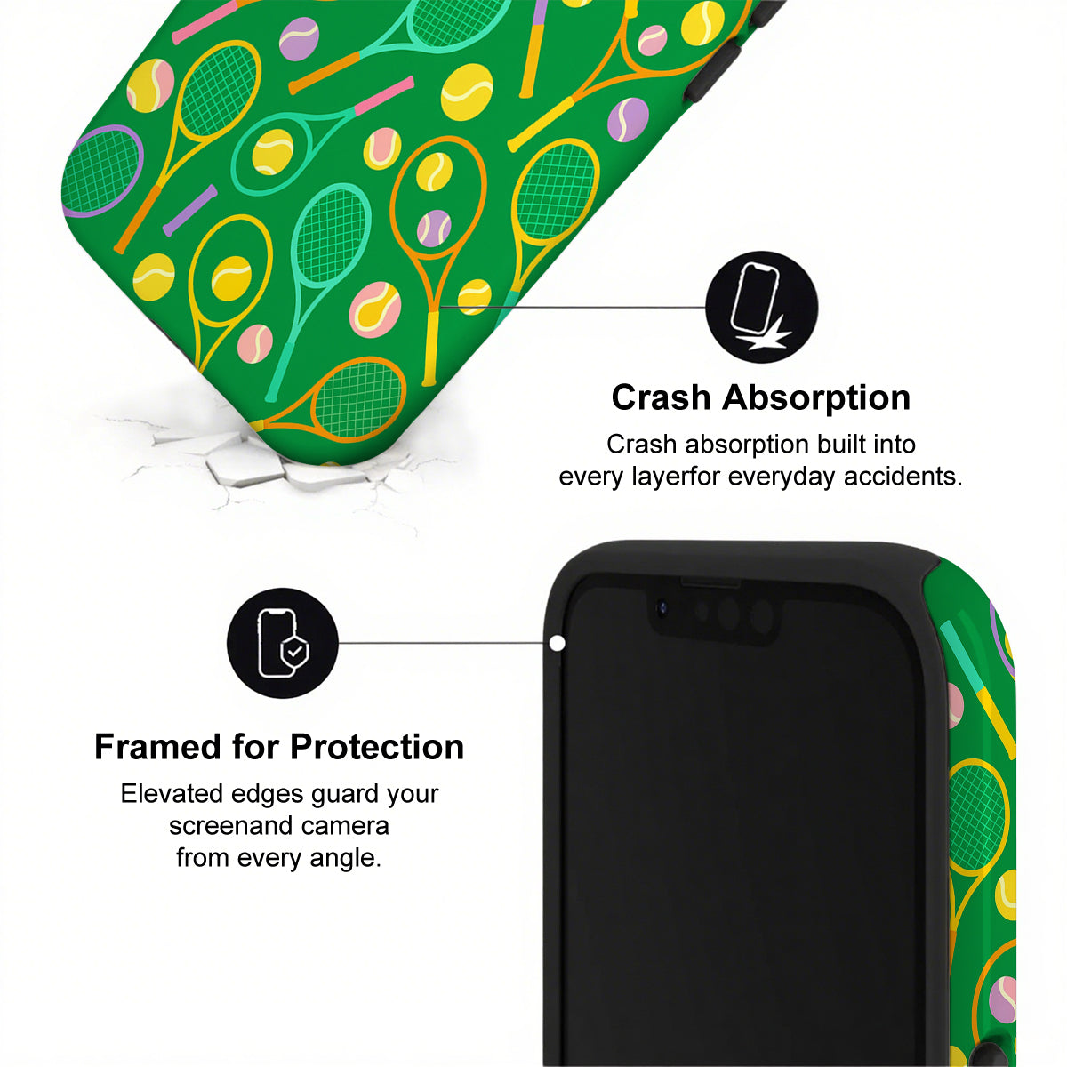 Phone case with tennis racket design and text on crash absorption and protection.