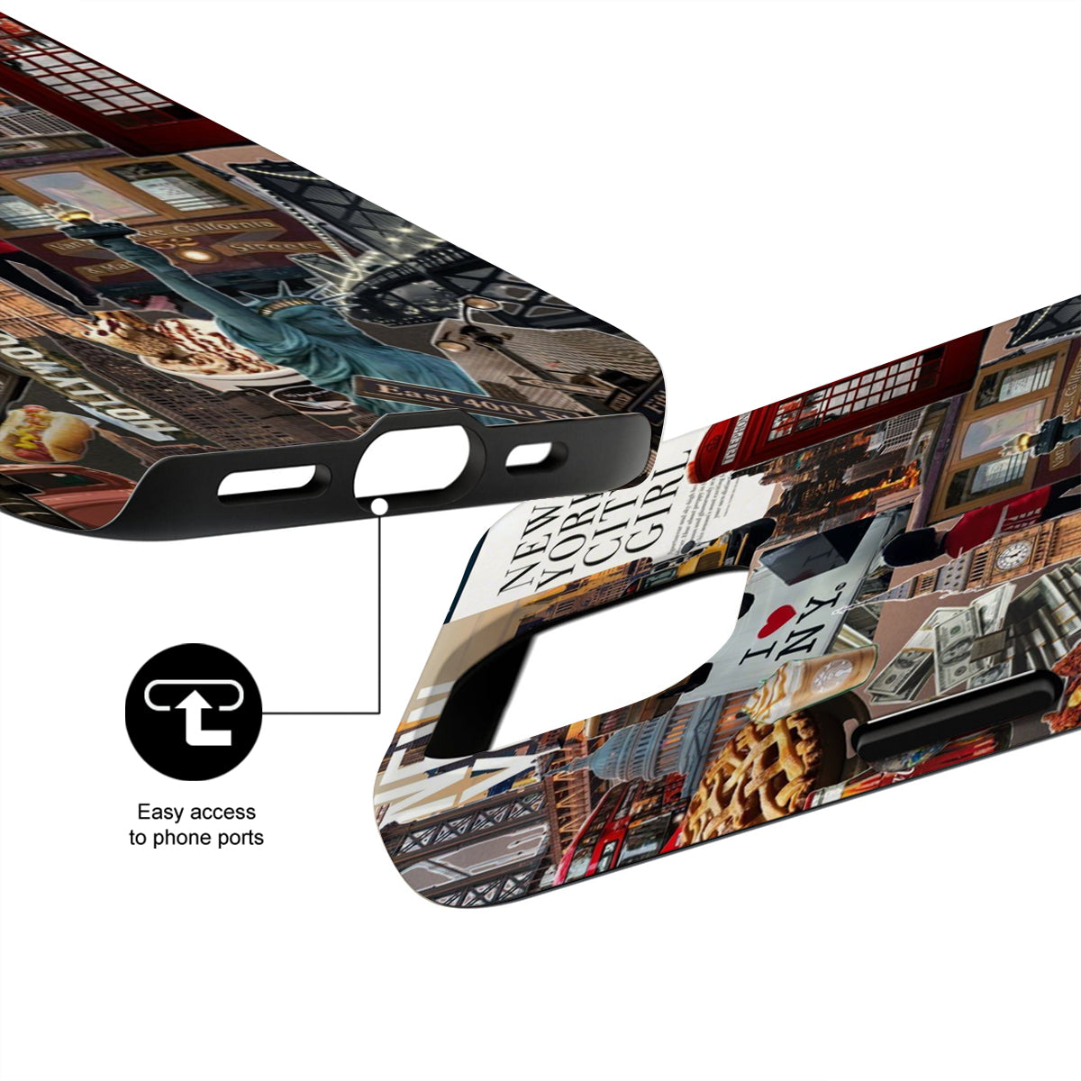 Phone case with New York City-themed design featuring a collage of urban scenes.