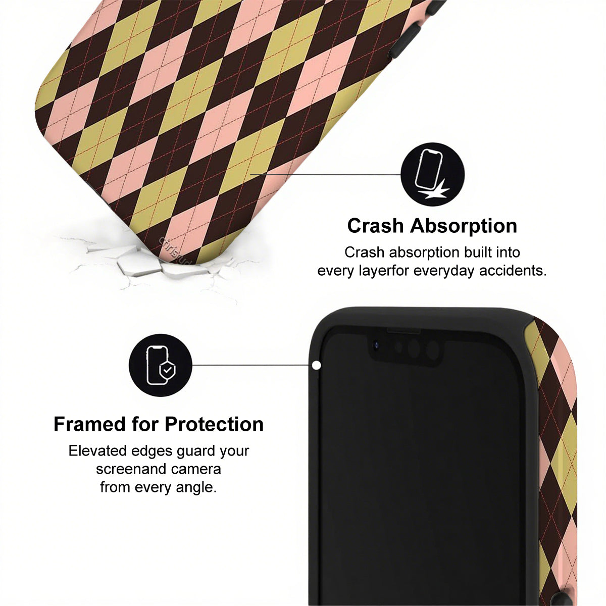 Phone case with checkered pattern and text highlighting crash absorption and protection features.