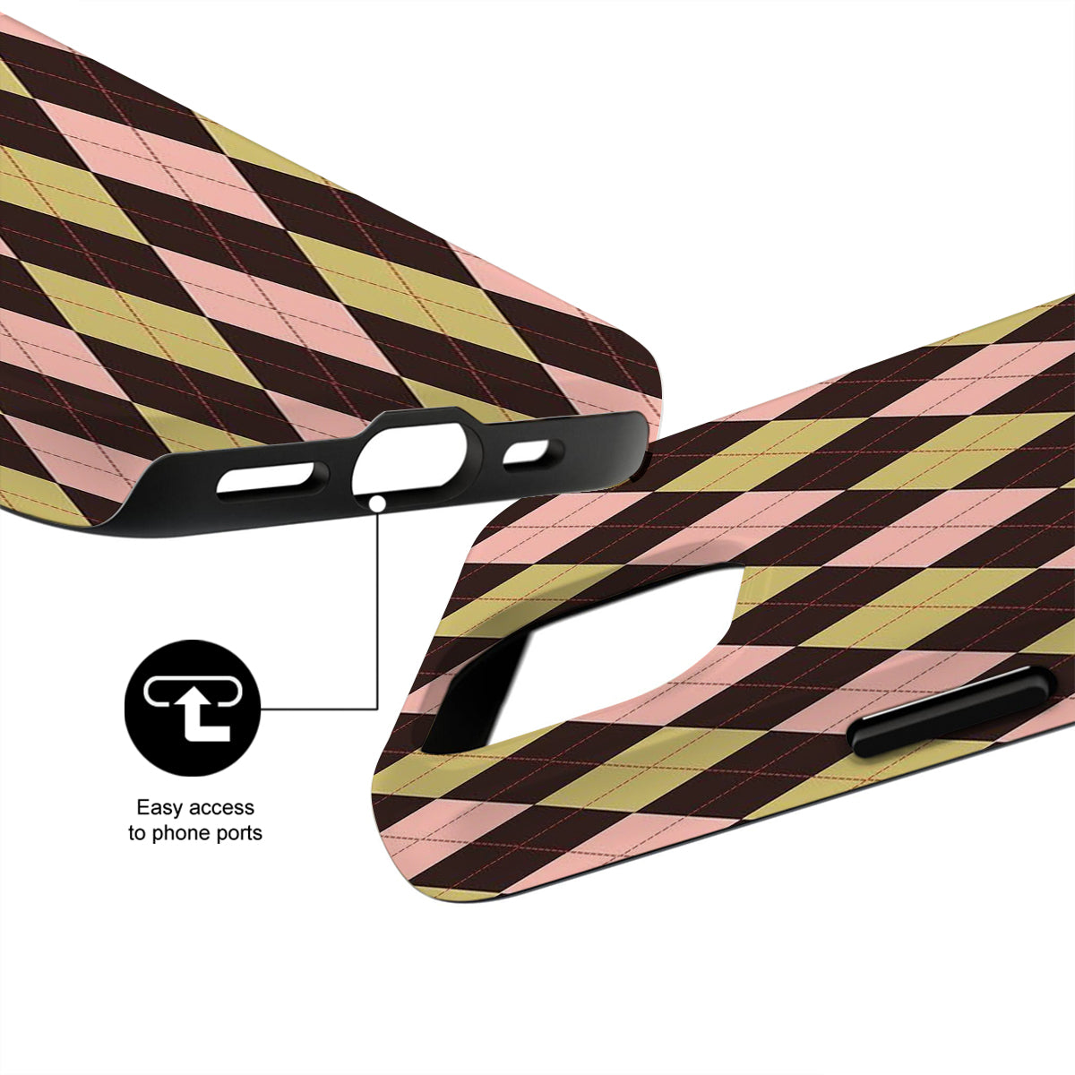 Checkered phone case with ports labeled on a white background