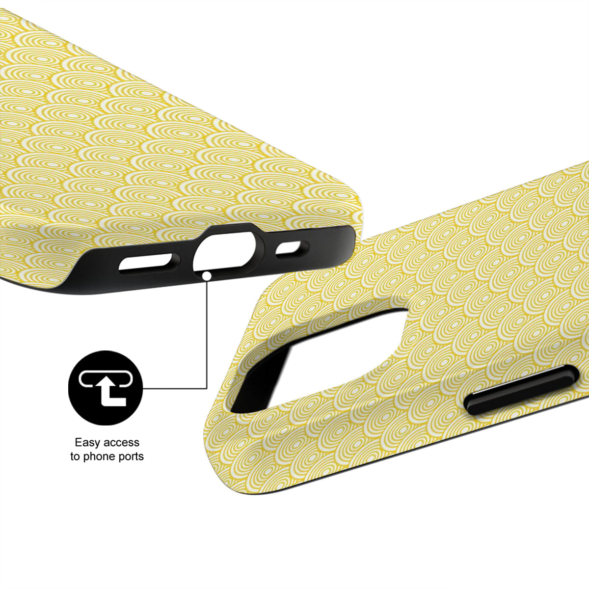 Yellow phone case with pattern and ports illustration on a white background